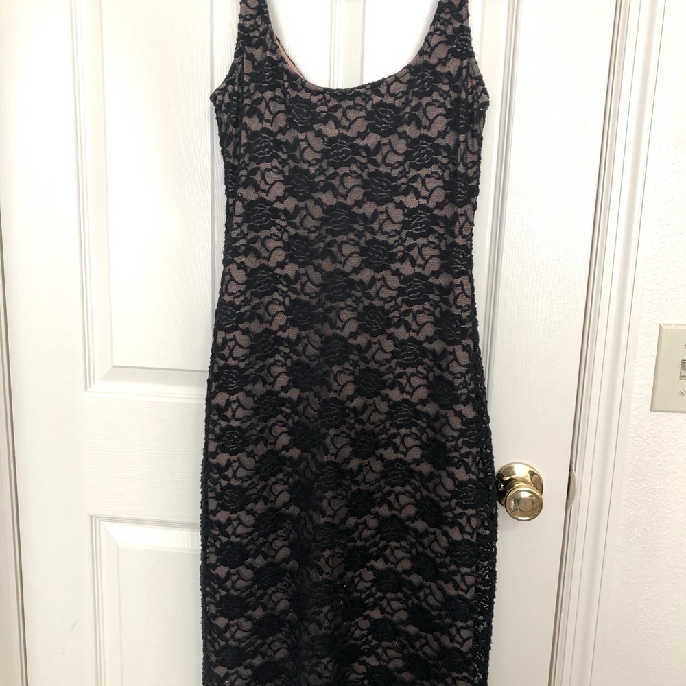 Beautiful black lace over tan satin dress size 4